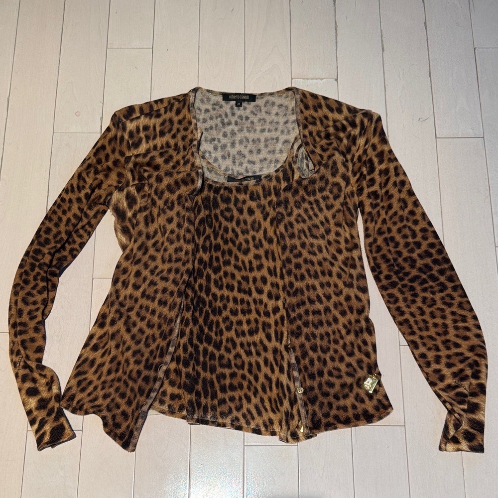 Roberto Cavalli Leopard Print Women's Knit Cardigan and Tank Top Set Size 48